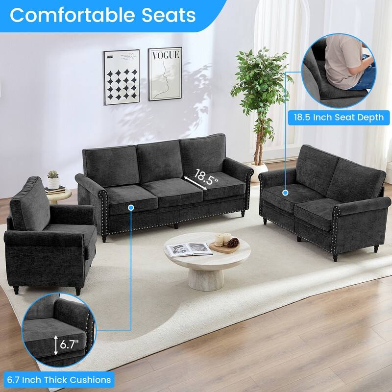 Mixoy 3Piece Chenille Living Room Sofa Set,Modern 3-Seater Sofa Couch&Loveseat Sofa&Single Sofa Armchair Set,Unique Riveted Look