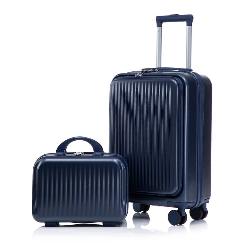 14"/20" 2 pcs/set in ABS Spinner Wheel Luggage, with Combination Lock and Front Opening Design, 14" Cosmetic Case - Navy