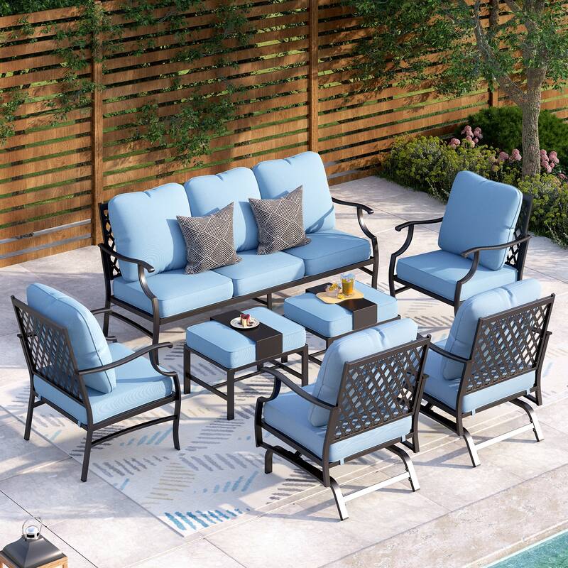 MAISON ARTS 6/7-Piece Patio Conversation Sets, Sofa Set with 2/4 x Single Chairs, 1 x 3-seater Sofa and Coffee Table/Ottomans - Set 6 - Baby Blue