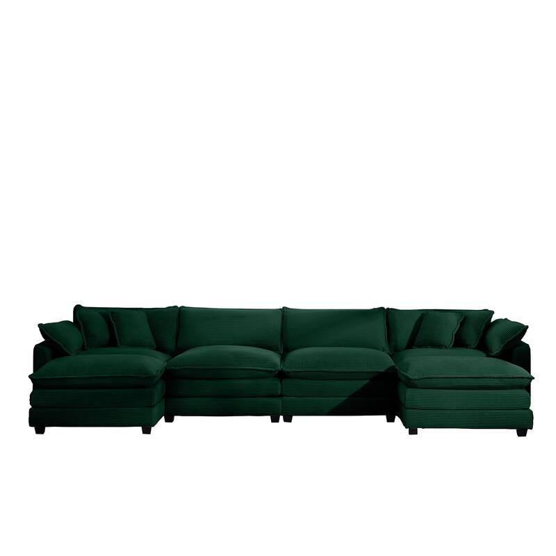 149.6" Corduroy Sectional Sofa Set with Footstools & Pillows
