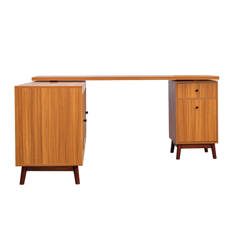 66.5" Large Office Desk with Drawers, Modern L-shaped Desk with Delicate Tempered Glass Cabinet Storage, Business Desk