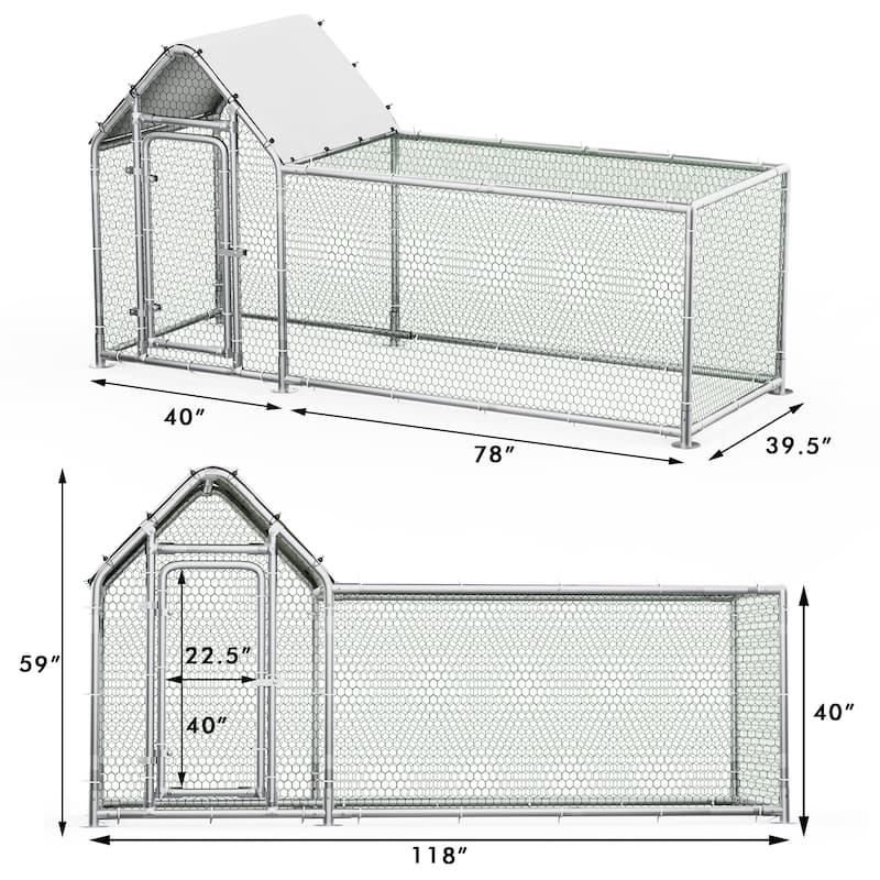 BOSSIN Bold Chicken Coop Run Large Metal Chicken Pen Outdoor,Poultry Cage Heavy Duty Walkin for Yard with Waterproof - 118"L x 39.5"W x 59"H - silver