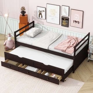 Twin Size Pine Wood Bed Kids Daybed Storage Bed with Trundle Bed, 3 Storage Drawers, Headboard and Footboard for Children's Room