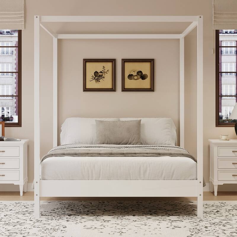Solid Wood Canopy Bed Frame Four Poster Platform Bed with Slats Support - White - Queen