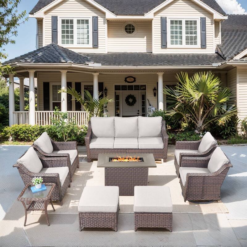 Outdoor Fire Pit Table with Sofa Funiture - Brown Wicker / Beige Cushion - 9-Piece Sofa Chair with Fire Table