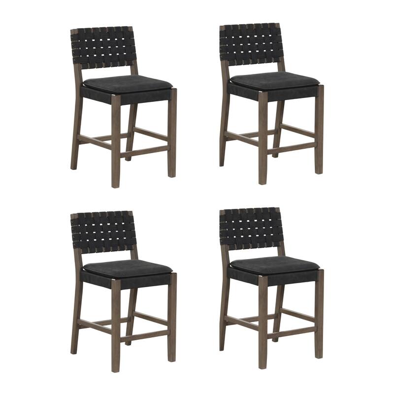 Nathan James Cohen Faux Leather Counter or Bar Height Stool, Solid Wood Frame with Footrest and Woven Leather Back
