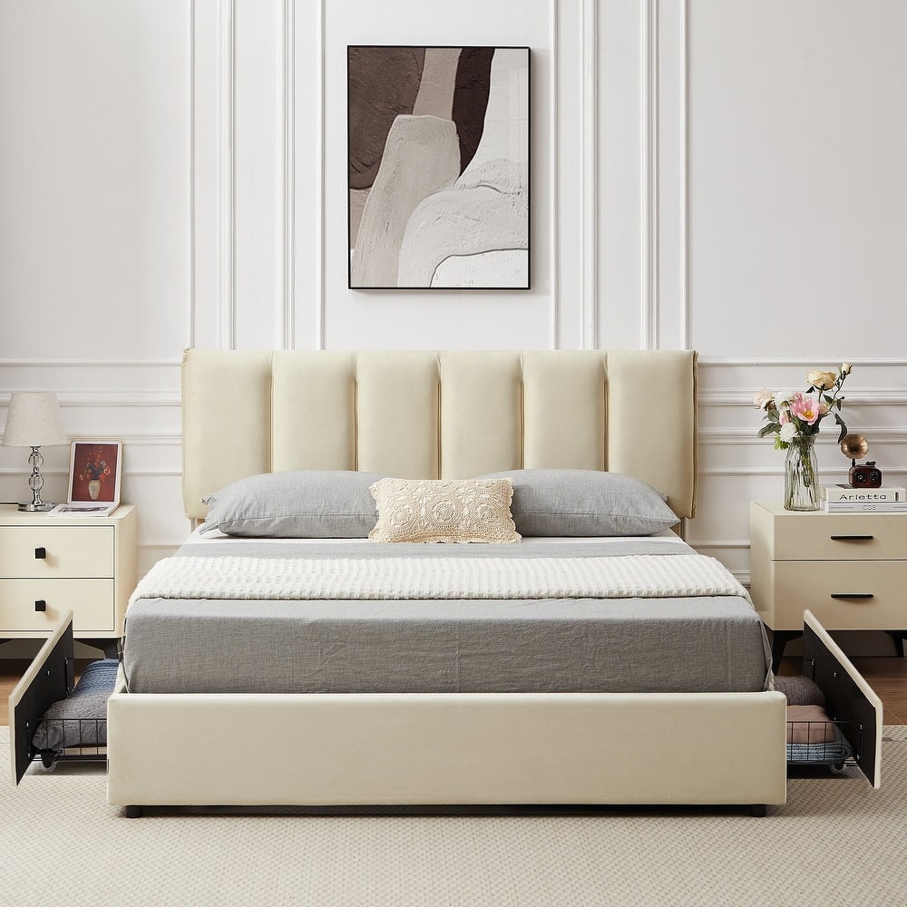 Javlergo Bed Frame with Storage Drawers, Upholstered Platform Bed Frame with Adjustable Headboard