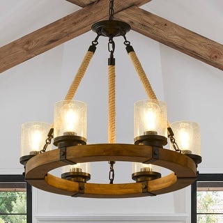 28.5 Inch French Country Chandelier - 6-Light Farmhouse Dining Room Fixture With Adjustable Height, Wood Accents
