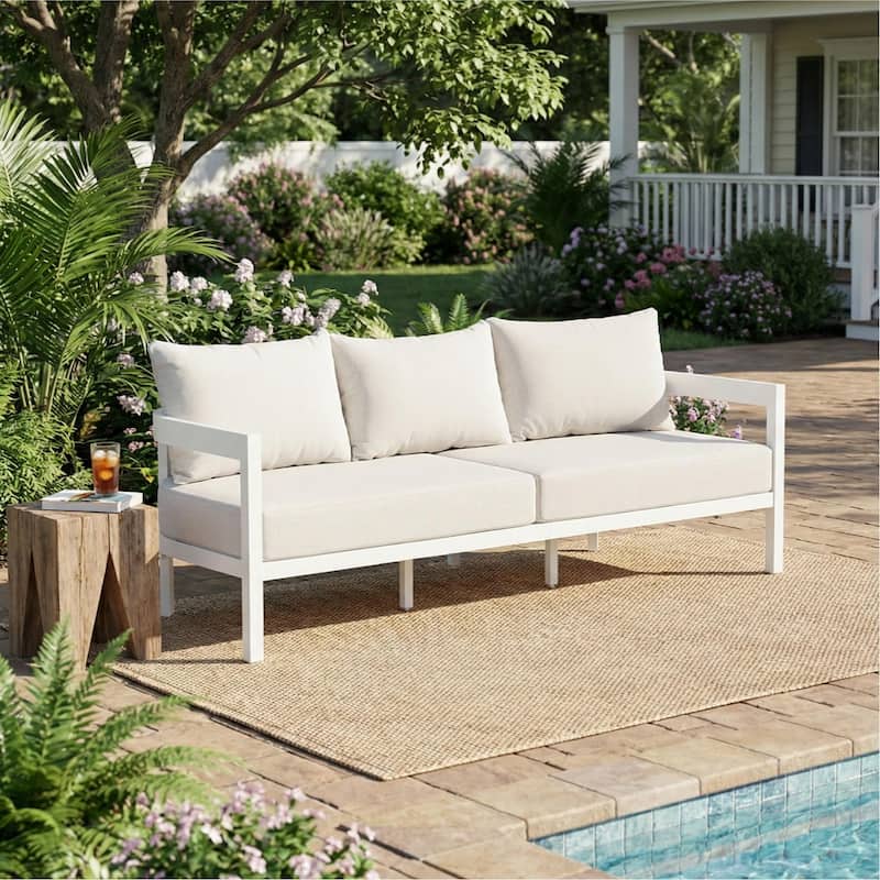 Christopher Knight Home - Modern 75.8" Outdoor Curved Patio 3-Seater Sofa with Aluminum Frame & Water-Resistant Cushions
