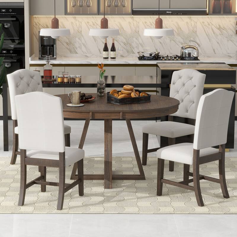Walnut Retro 5-Piece Wooden Dining Table Set with Expandable Round Table & 4 Chairs