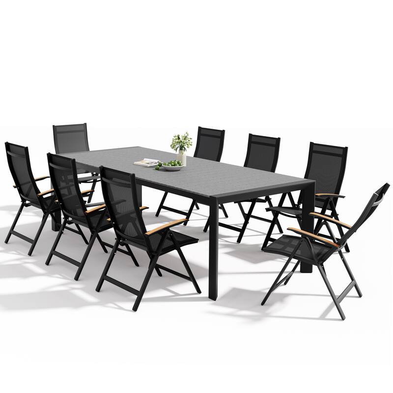 Set of 9 Outdoor Patio Dining Set WoodLike Table Top Aluminum Umbrella Hole Table with Folding Chairs