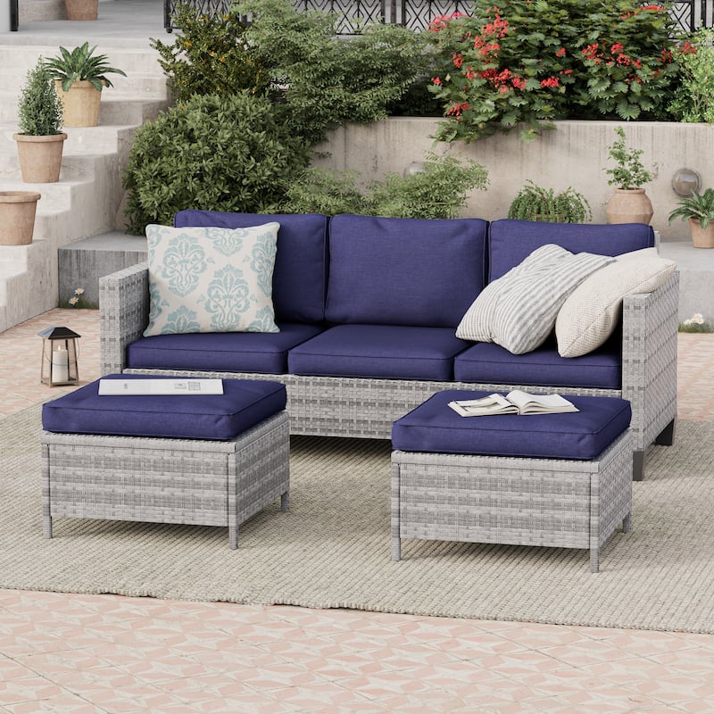 BONOSUKI 3-Piece Patio Sofa Set Grey Rattan Furniture with Ottomans - Navy Blue