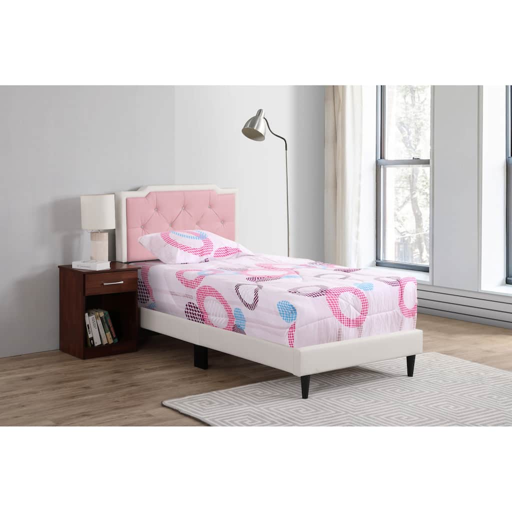 Roomfitters Full Size Upholstered Platform Bed Frame with Pink Diamond Pattern Headboard, No Box Spring Needed
