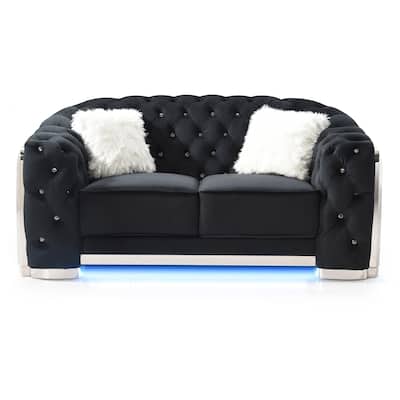 Button Tufted Flared Arm Velvet Straight Sofa with LED Lights - 71" - Black