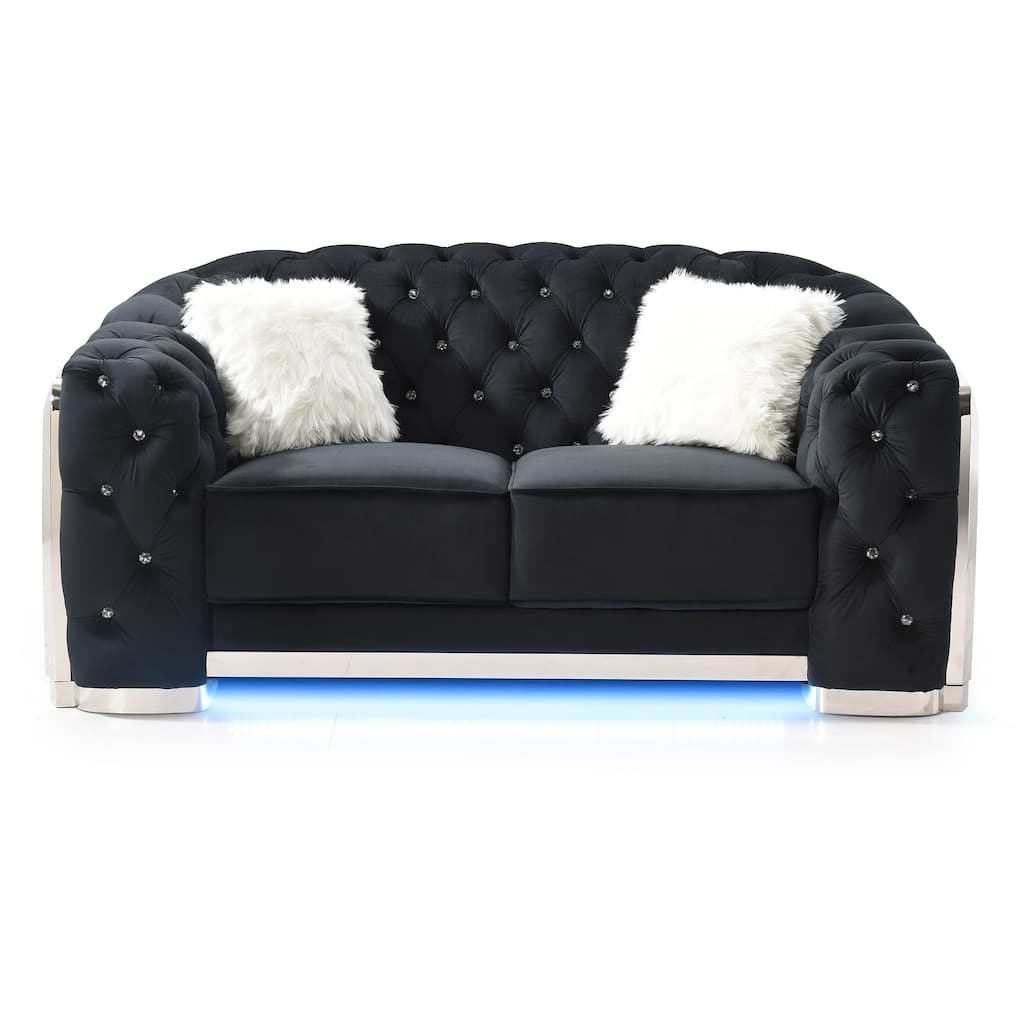 Button Tufted Flared Arm Velvet Straight Sofa with LED Lights - 71" - Black