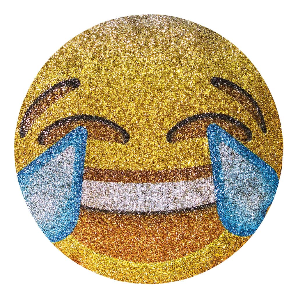 Laughing Emoji Shaped Pillow, Luminous Rhinestones on Gold Velvet