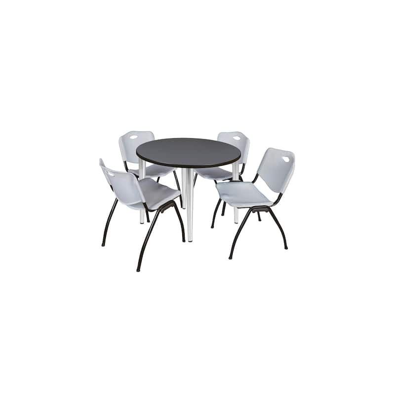 42 in. Round Breakroom Table- Grey Top, Chrome Base & 4 M Stack Chairs- Grey