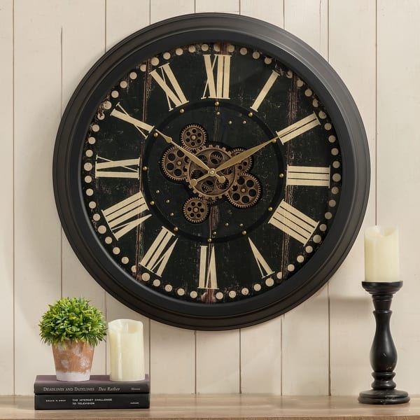 slide 1 of 15, Glitzhome 27.5"D Farmhouse Oversized Wall Clock with Moving Gears Tempered Glass