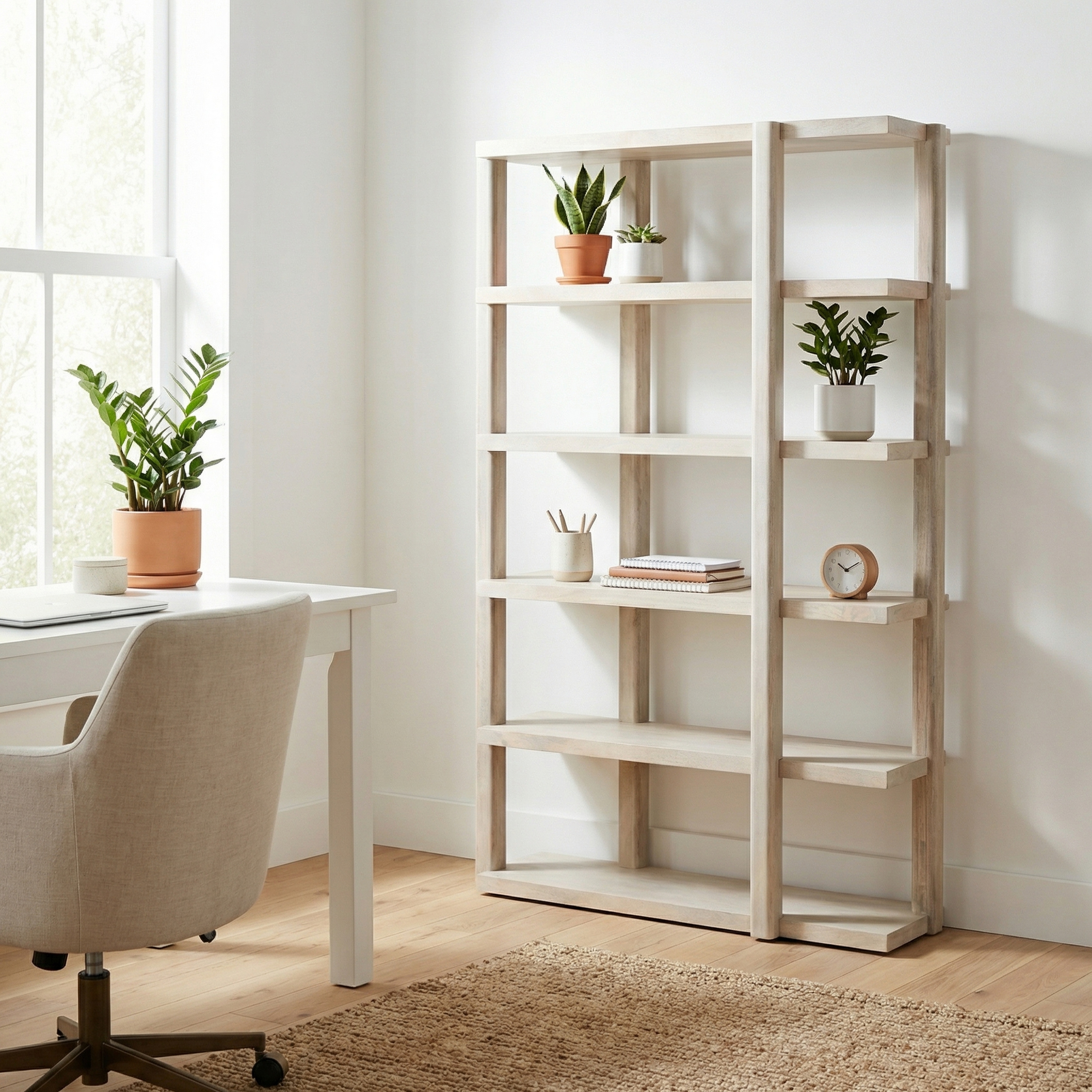 82 in. Natural Washed Solid Wood 5 Shelf Etagere_Bookcase