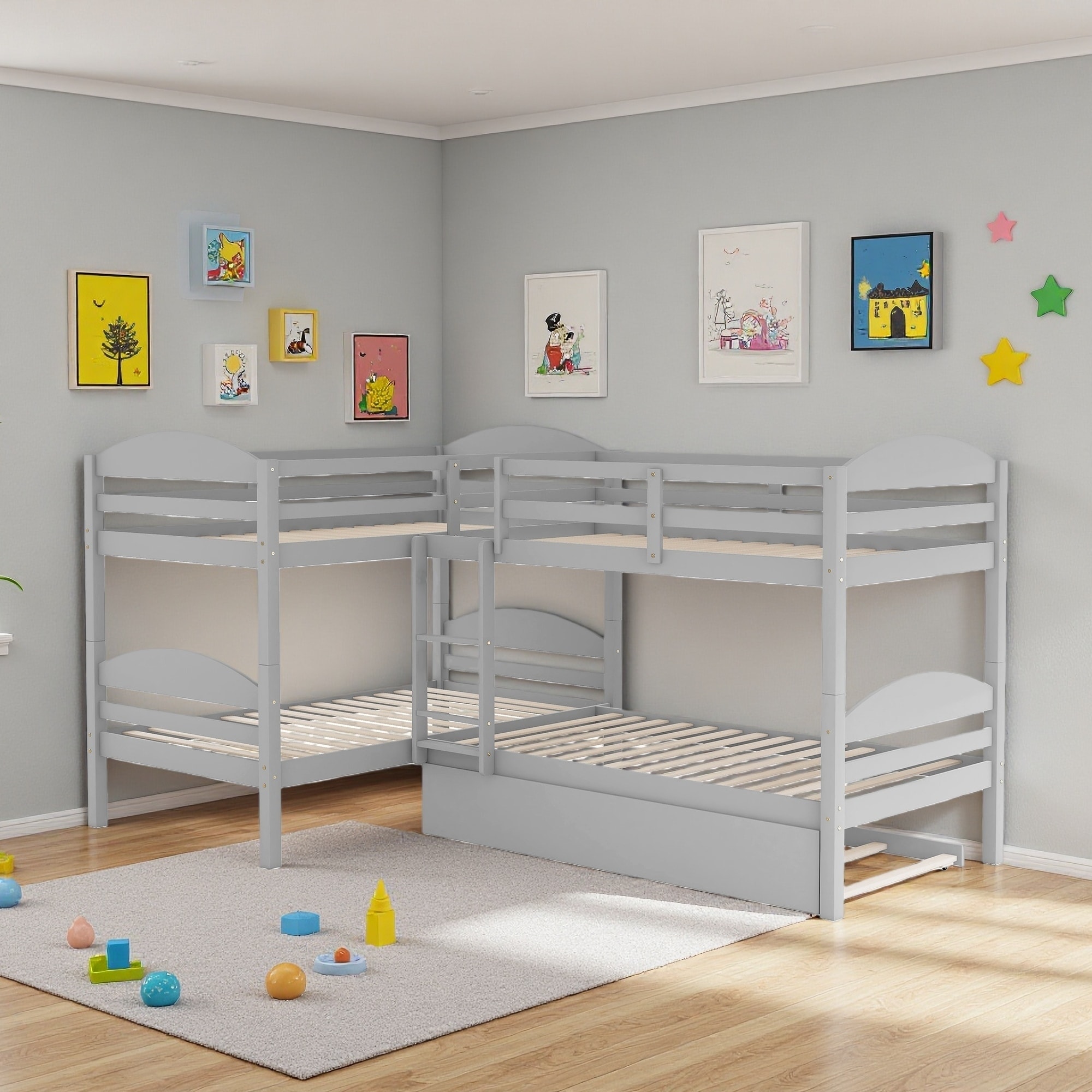 Twin Solid Wood L-Shaped Bunk Bed with Twin Trundle