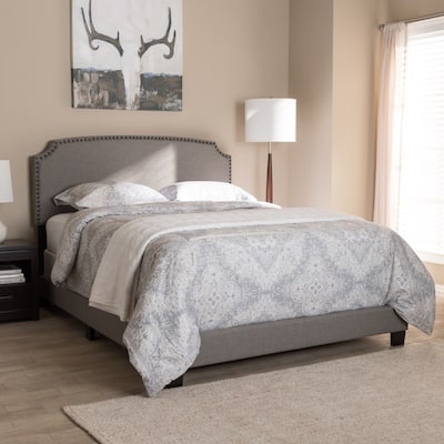 Queen Bed Upholstered Light Grey Fabric Bed Frame with Headboard Nailhead Trim