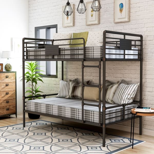 slide 2 of 10, Wini Industrial Black Queen over Queen Metal Bunk Bed by Furniture of America Antique Black