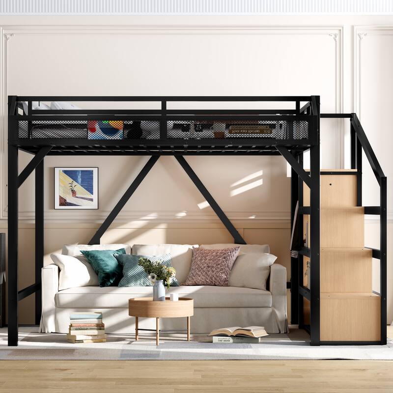 Noise-reduced Design Metal Loft Bed Frame with Storage Stairs, Shelves, Built-in Wardrobe, Light Strip and Charging Station