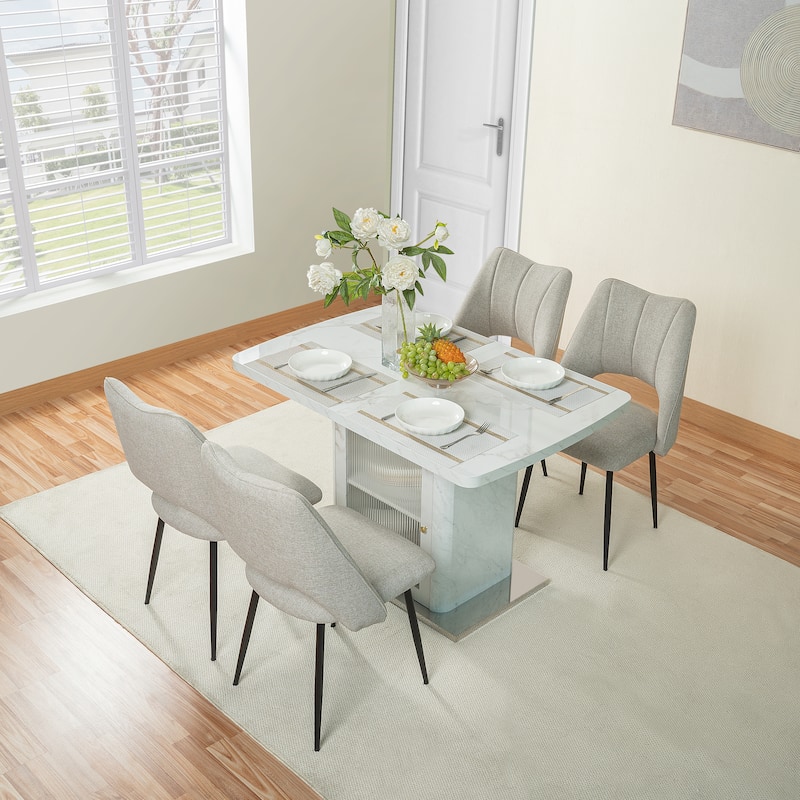 47.24"-63"Modern Rectangle Dining Table, Stretchable, with Printed Black Marble Table Top+Storage Cabinet Table Leg