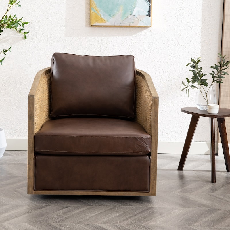 Boucle/Leather Upholstered 360 Degree Swivel Round Barrel Club Chair - Brown+Leather