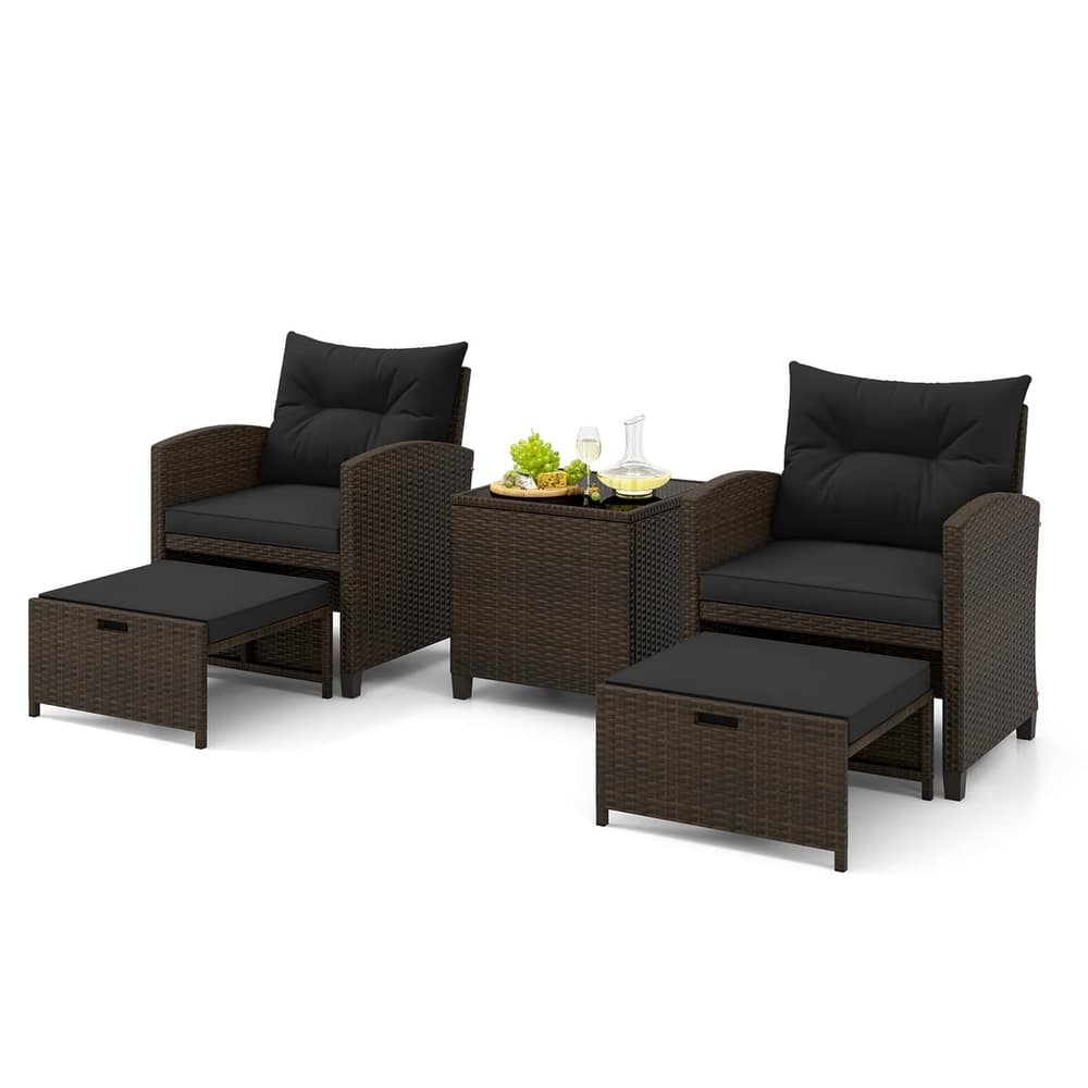 Gymax 5 CS Rattan Furniture w/ & Tempered Glass & 2 Ottomans Coffee