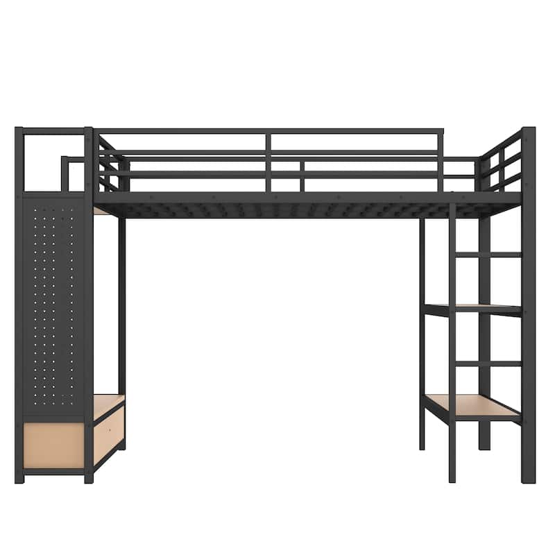 Metal Bed Frame Queen Size Loft Bed with Open Wardrobe, Hanging Rod, Storage Shelves, Pegboard and Bottom Drawers