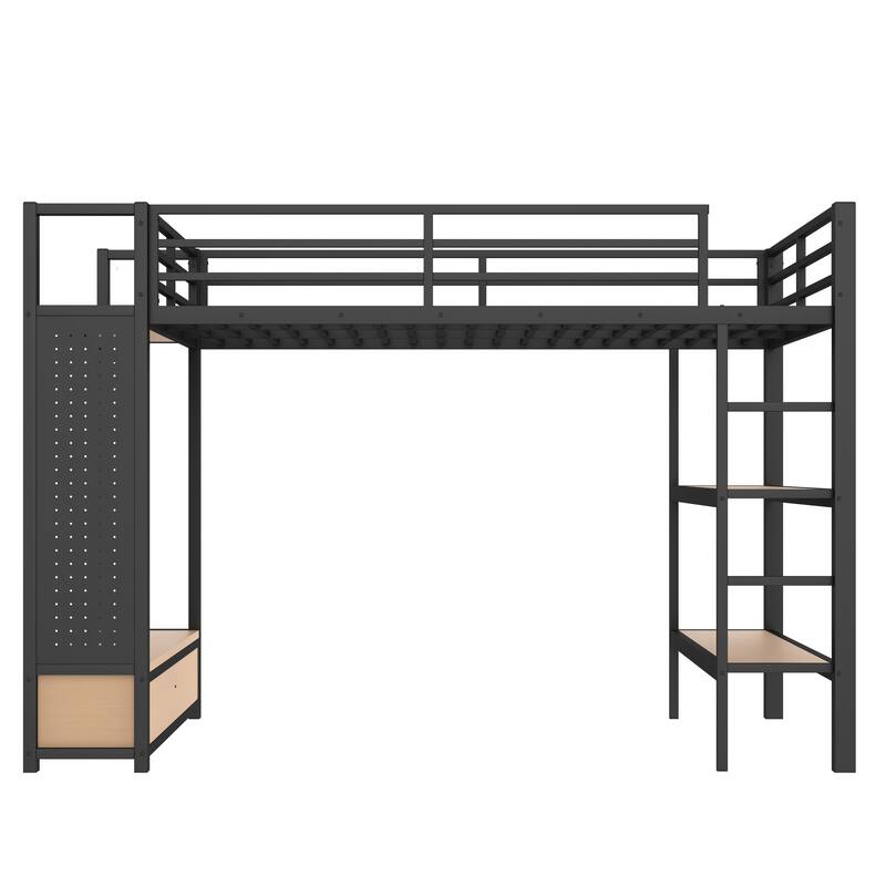 Roomfitters Full/Queen Size Metal Loft Bed Frame with Wardrobe, Storage Shelves & Pegboard, Space-Saving Functional Design
