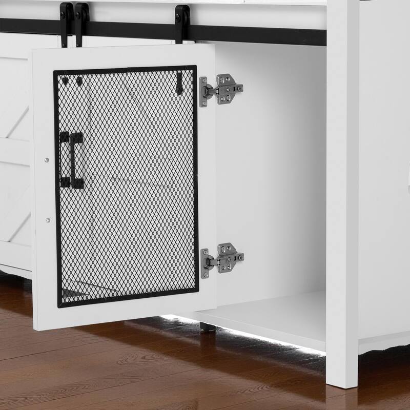 59.3" Farmhouse Sideboard with Sliding Barn Doors & Mesh Panels, Buffet Cabinet with Open Storage for Kitchen or Living Room