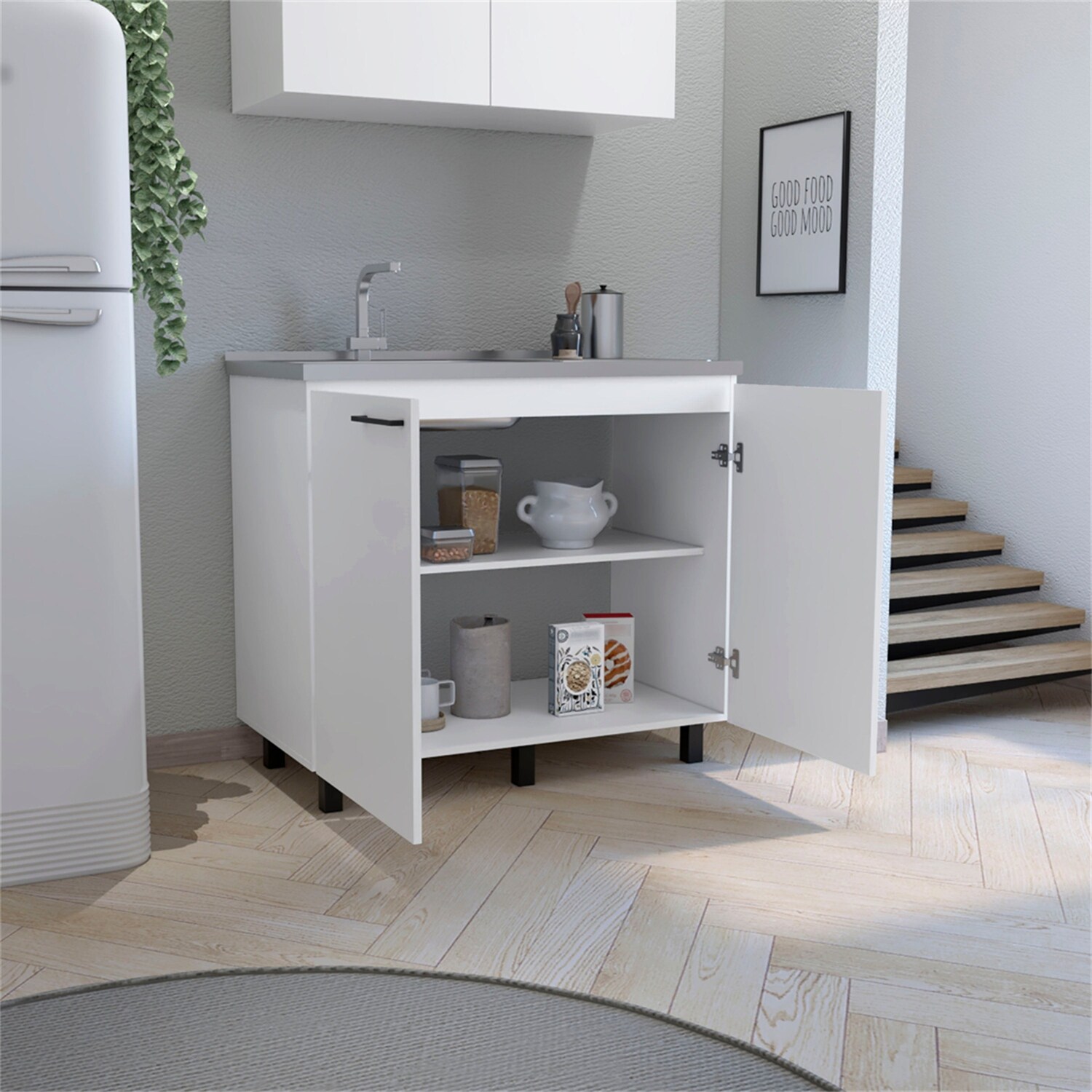 Utility Sink with Cabinet Stainless Steel Countertop Interior Shelf