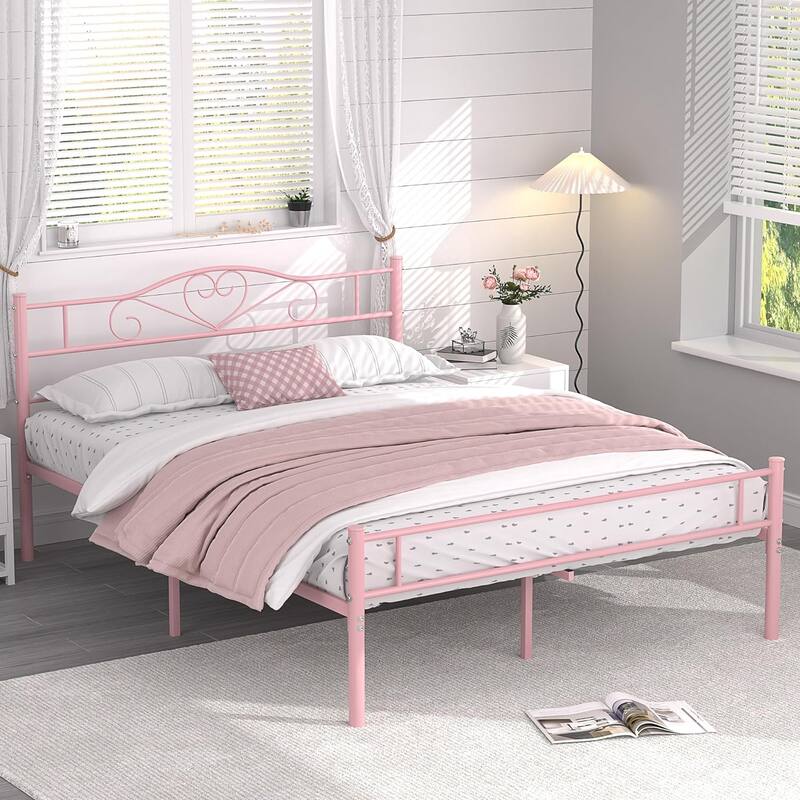 VECELO Victoria Metal Platform Bed Frames with Heart Pattern Headboard 12.6" Underbed Space No Box Spring Required