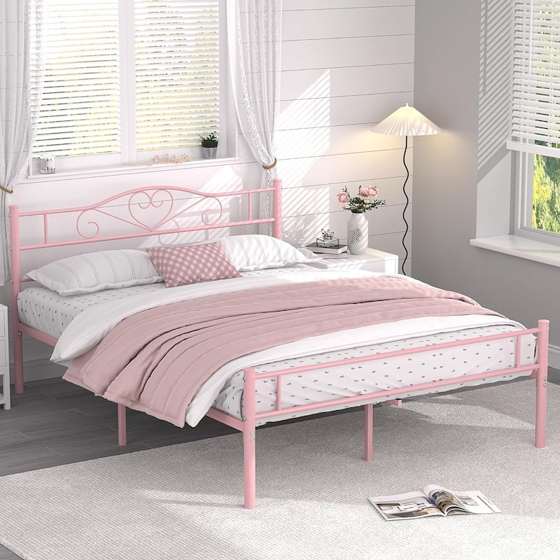 Victoria Metal Platform Bed Frames with Headboard - Pink - Full