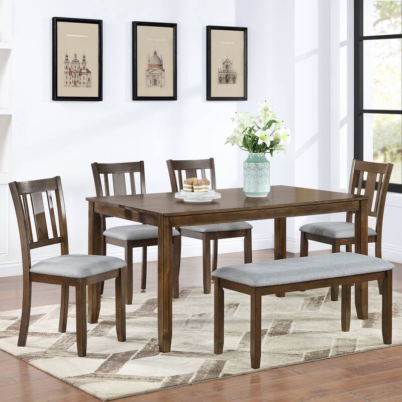 6 Piece Kitchen Dining Table Set, Wooden Rectangular Dining Table with Upholstered Bench and 4 Chairs, Dining Room Table Set - Walnut