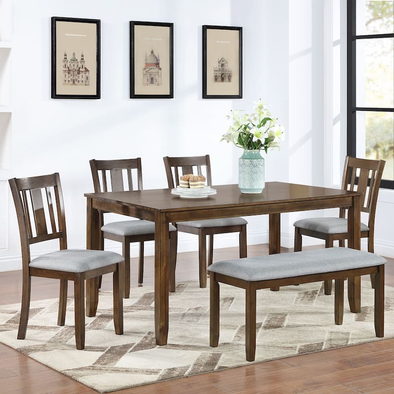 GDFStudio - Brookline 6-Piece Transitional Rectangular Wooden Dining Table Set with 4 Upholstered Chairs & 1 Bench - Slat back - Walnut