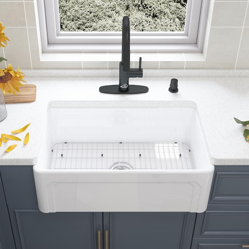 Fireclay Farmhouse/Apron-Front Frame Design Reversible Installation Single Bowl Kitchen Sink with Kitchen Faucet and Accessories