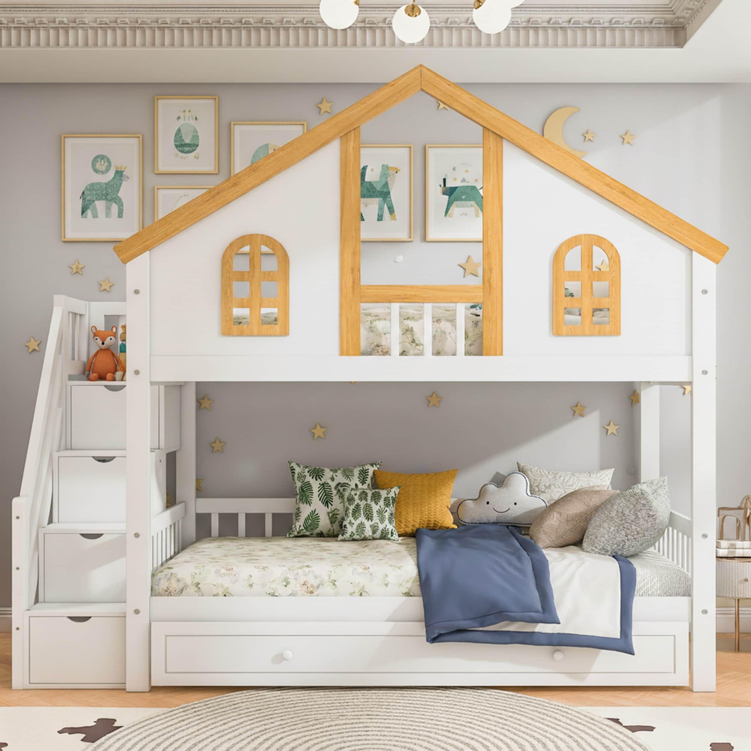 Wooden House Roof Bunk Bed with Trundle & Storage Staircase by Harper&Bright Designs