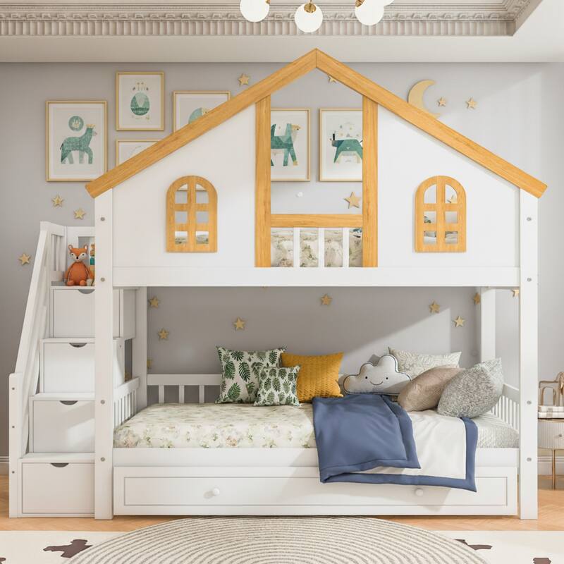 Wooden House Roof Bunk Bed with Trundle & Storage Staircase by Harper&Bright Designs - Twin