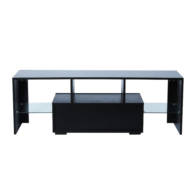 Black 51.18" TV Stand with LED Lights and Toughened Glass Shelf for TVs Up to 55"