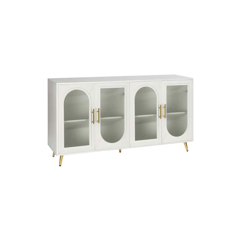 HomeRoots 60" White Ribbed Texture Wood And Glass Sideboard with Four Doors - 60' X '32.3' X '15.7