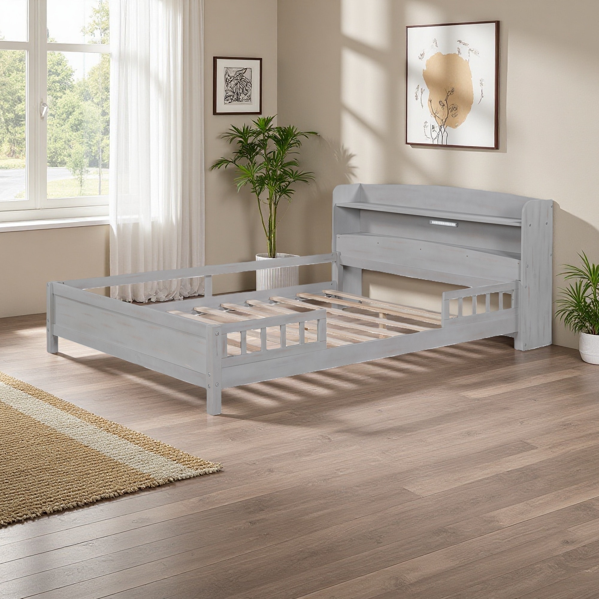 Full Pine Platform Bed with LED Light, Storage Headboard & Guardrail, Sturdy