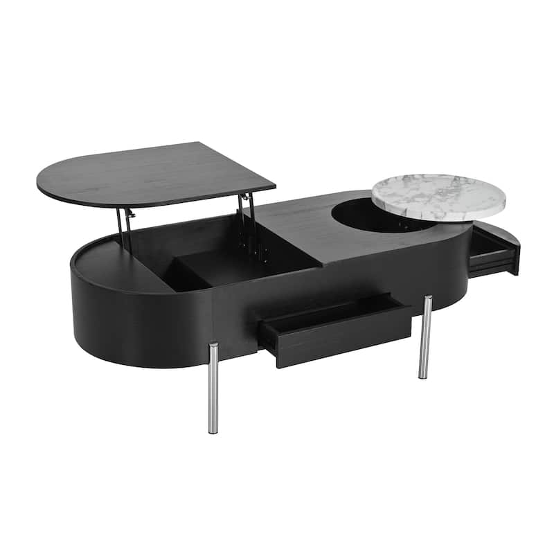 47.2" Lift Top Coffee Table with 360° Rotating Tray - Marble-Patterned Modern Oval Table with Hidden Compartment for Living Room