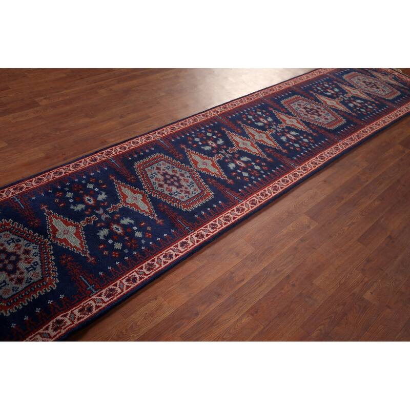 Blue Geometric Viss Oriental Runner Rug Handmade Wool Carpet - 2'7"x 11'10"