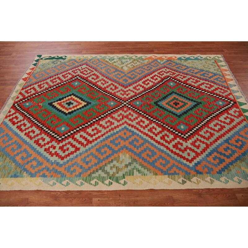 Hand Woven Oriental 100% Wool Carpet Southwestern Geometric Multi-Colored Kilim Area Rug - 8' 2'' X 6' 0''