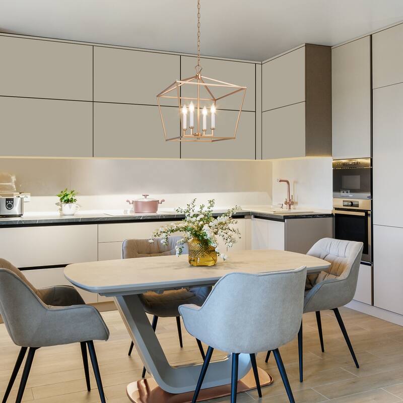 Modern Glam Gold 4-Light Geometric Lantern Cage Chandelier for Foyer - L17.5"*W17.5"*H20"