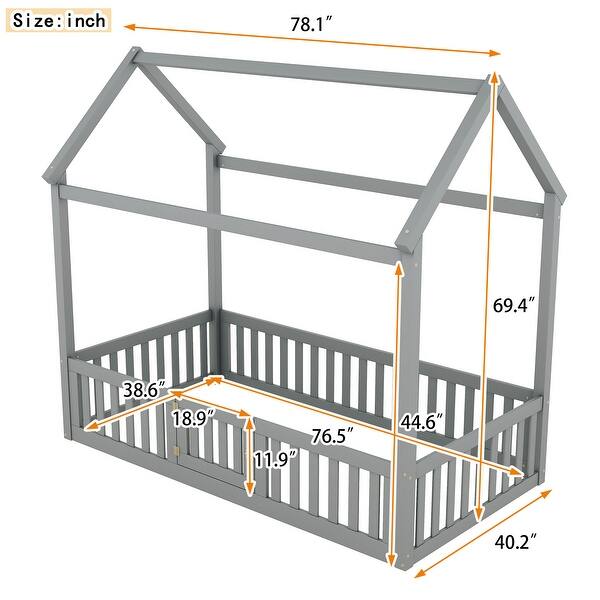 dimension image slide 1 of 4, Fun House Platform Bed with Fence and Door, Wooden Floor Bed Frame with Roof, Distressed Washed Finish,for Kids Girls Boys