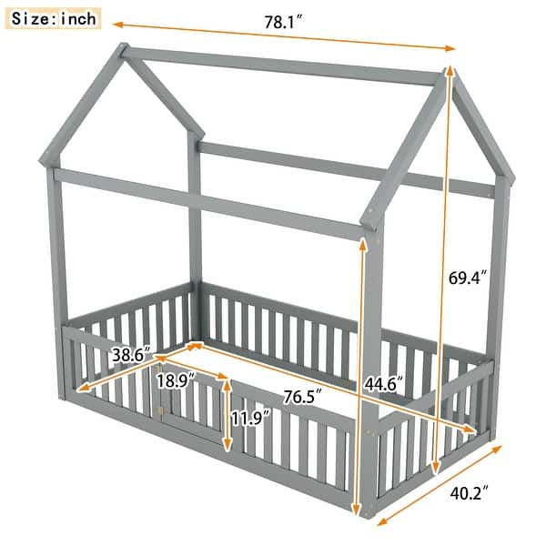 Twin Size Solid Pine Wood House Kids Bed Frame with Fence and Door - Distressed Wash Design, Playful Roof and Guardrails, Grey